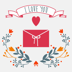 Cute card with love letter and flowers