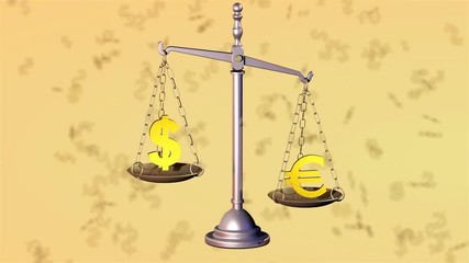Dollar beats Euro currency on scales. 3D rendering. - Powered by Adobe