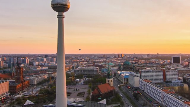 berlin skyline cityscape timelapse at the sunset day to night transition zoom out