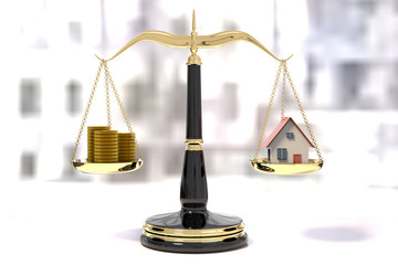 3D rendering of classic scales of justice with stacks of coins a