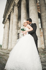 Beautiful romantic wedding couple of newlyweds hugging near old castle