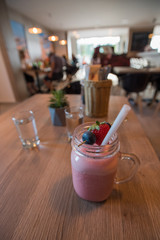 strawberry mixed smoothie in a restaurant. Healthy drink