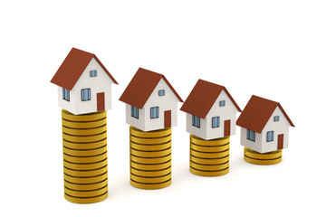 3D rendering of Houses on golden coin stacks
