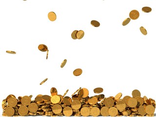 3d illustration of golden coins rain.