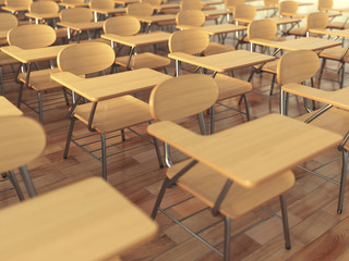 School classroom with empty school chairs and blackboard. Back t