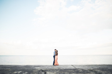 Fototapeta na wymiar Wedding couple, bride, groom walking and posing on pier