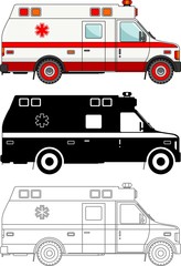 Different kind ambulance cars isolated on white background in flat style: colored, black silhouette and contour. Vector illustration