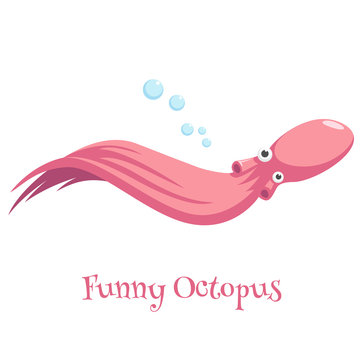 funny cartoon octopus swimming on a white background with bubbles, surprised octopus with big eyes vector illustration