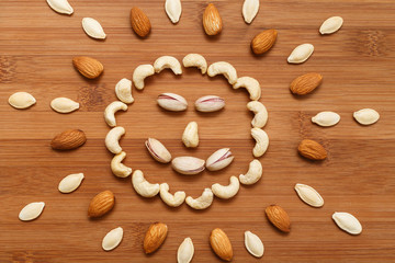 Happy smile, composition of food background. Top view, flat lay