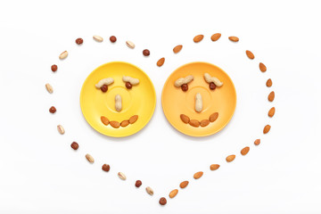 Happy couple smile, heart, food background. Top view, flat lay