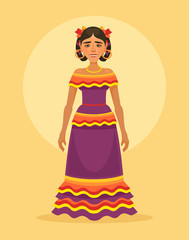 Mexican woman character in traditional dress. Vector flat cartoon illustration
