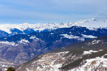 Fototapeta na wymiar Valley view of Meribel. Meribel Village Center (1450 m). France
