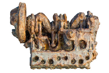 Corroded engine isolated on white background. Abandoned car or boat motor severely rusted, showing red red and eroded metal after spending time under salt water