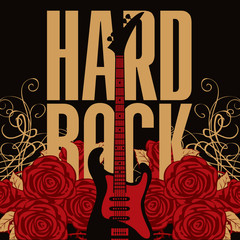 Obraz premium banner with an electric guitar among flowers roses and the words Hard Rock