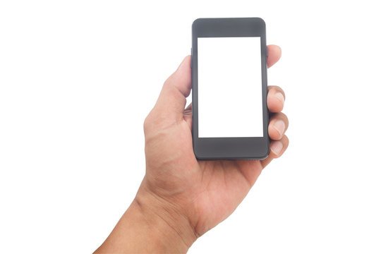 Hand with smart phone isolated, clipping path