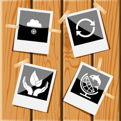 snowfall, recycle symbol, life in hands, globe and shamoo.