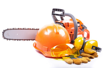 Chain saw and protective clothes.