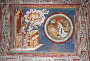 l'evangelista Luca e la natività; affresco della volta della chiesa si S. Elena presso Nova Ponente
