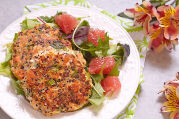 Healthy salmon quinoa kale burger