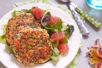 Healthy salmon quinoa kale burger
