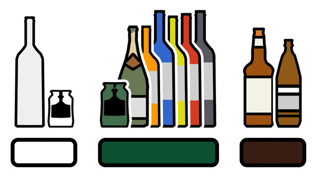 gz12 GrafikZeichnung - Sammlung von Altglas getrennt nach Wei&szlig;glas Gr&uuml;nglas Braunglas - kma4 KeinenMuellAbstellen - 16zu9 Plakat - g4623