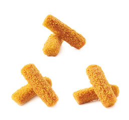 Pile of breaded crab sticks isolated