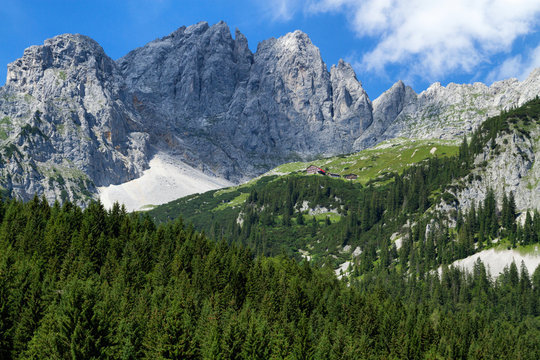  View of Wilder Kaiser Mountains. Austria, Tyrol, Gruttenhuette.