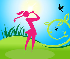 Golf Swing Woman Shows Women Golfer And Golfing