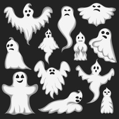 Cartoon spooky Ghost character vector set. Spooky and scary holiday monster design ghost character. Costume evil silhouette ghost character creepy funny cartoon cute spooky night symbol.