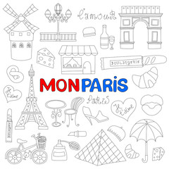 Icons set Paris cuisine and traditional modern culture. Europe Eiffel Paris icons fashion wine building design architecture. Famous travel love Paris icons monument capital landmark.