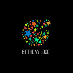 Isolated round shape birthday cake with stars vector logo. Holiday element. Pizza logotype. Delicious food illustration. Cafe and restaurant emblem.