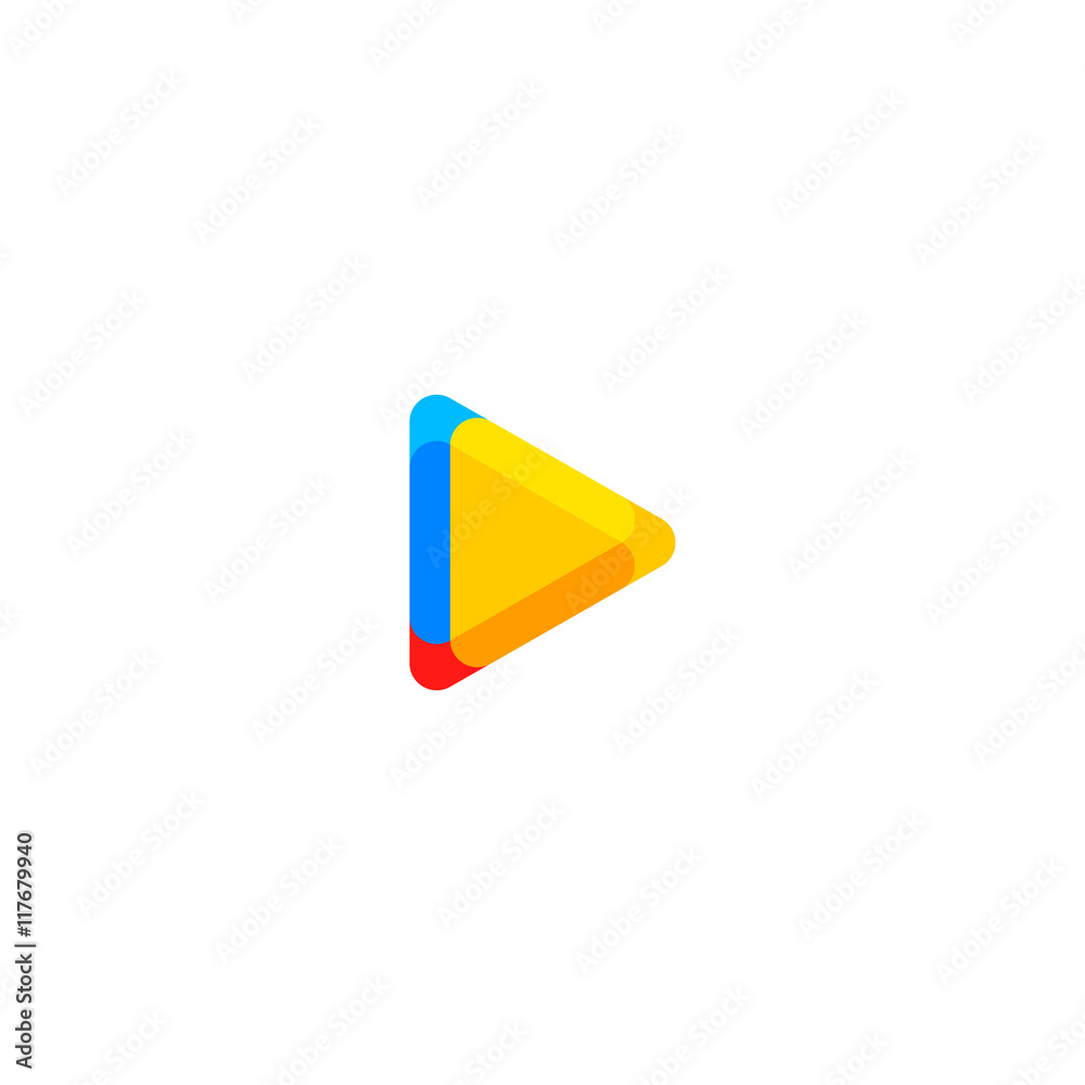 Poster Isolated colorful play button vector logo. Triangular multimedia logotype. Pause icon. Player element.