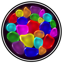 Transparent color drops on black background.