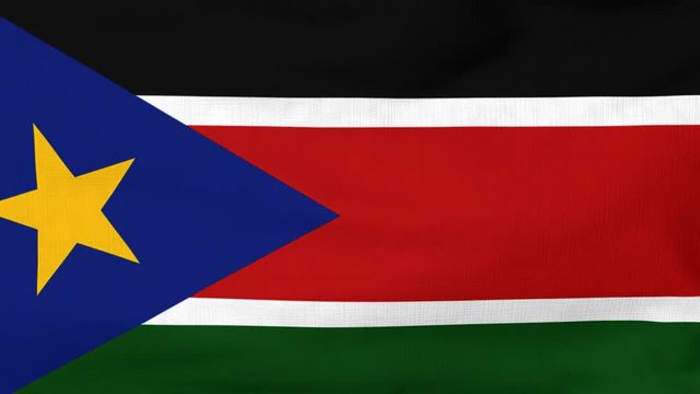 National flag of South Sudan flying and waving on the wind. Sate symbol of South Sudanese nation and government. Computer generated animation.