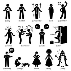Positive Negative Neutral Personalities Character Traits. Stick Figures Man Icons. Starting with the Alphabet Q.
