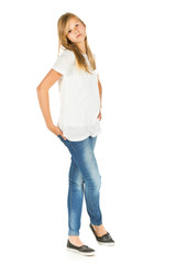 Young girl standing over white background