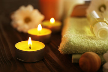 Beautiful spa set on wooden table
