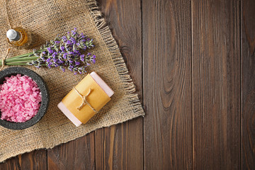 Lavender with sea salt, soap and oil on sackcloth