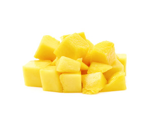 Pile of mango fruit cubes isolated
