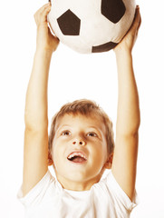 little cute boy playing football ball isolated on white close up catching moove