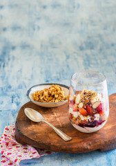 Yogurt with strawberries, nuts and flax seeds