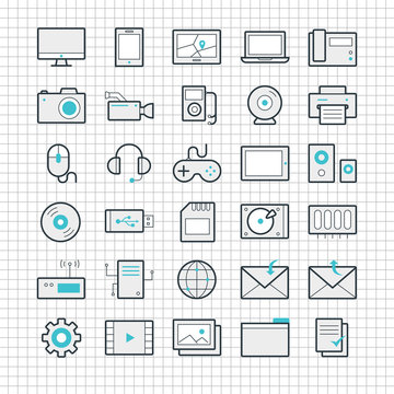 Set of 30 vector linear icons on a checkered background