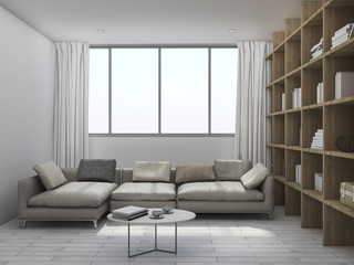 3d rendering living room with wood bookshelf