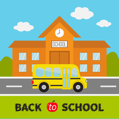Back to school. Building with clock and windows. City construction. Yellow bus on the road. Side view. Cartoon education clipart collection. Flat design.