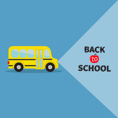 Yellow bus. Transportation. Side view. Back to school. Light from headlights. Greeting card. Flat design.