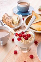 Breakfast table with various food