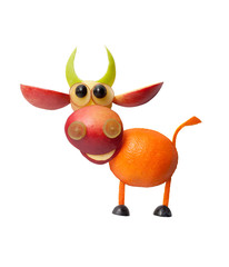 Happy bull made of fruits on white background