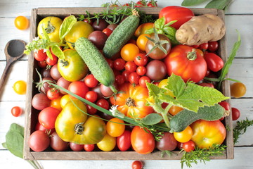 frisches Gemüse Garten Ernte Kiste Holz
