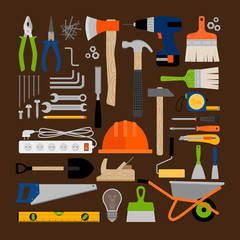 House repair, construction or working tools flat icons. Vector illustration