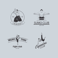 Fight club logo or MMA emblem set. Capoeira and sumo, aikido and thai boxing logos. Vector illustration